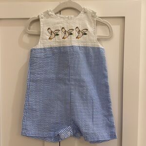Petit Ami Blue/White Seersucker Jon Jon with Mallard Embroidery 6M